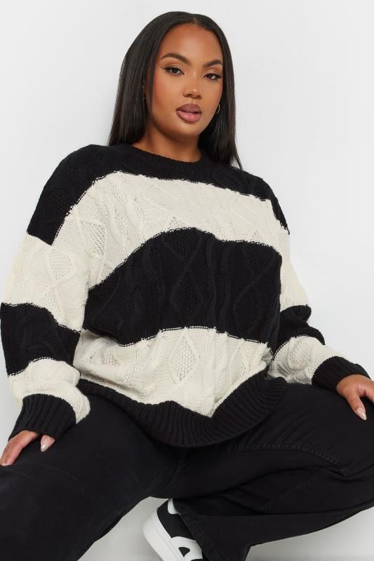evans YOURS Curve Black & Cream Stripe Cable Twist Jumper