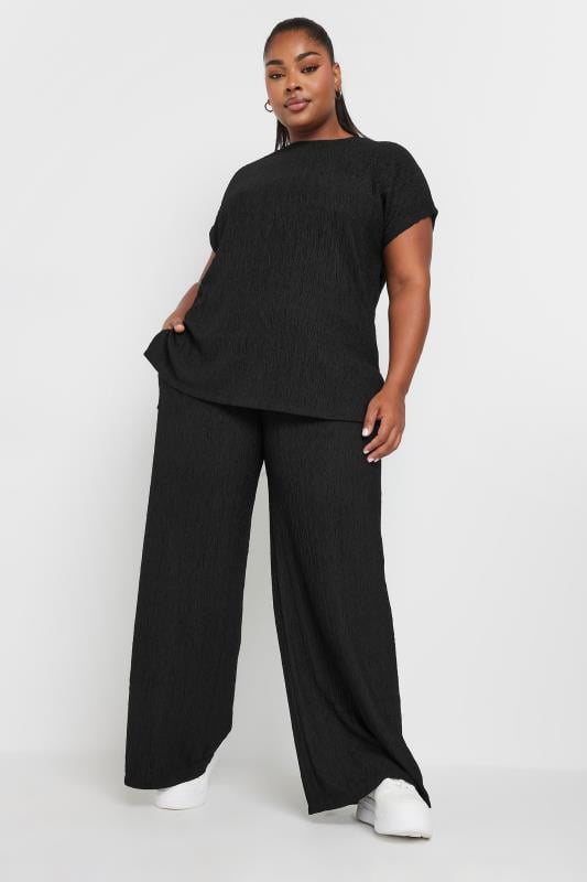 Evans YOURS Curve Black Crinkle Plisse Wide Leg Trousers