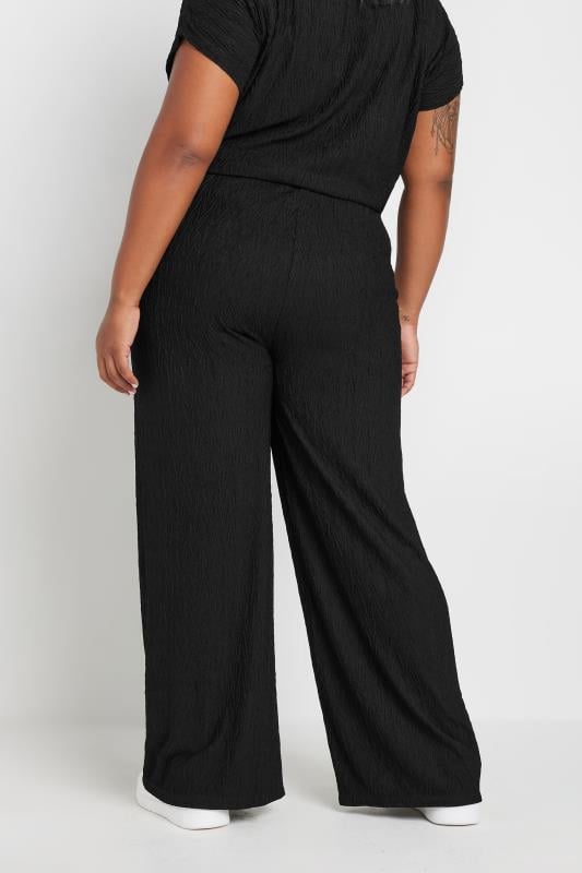 Evans YOURS Curve Black Crinkle Plisse Wide Leg Trousers
