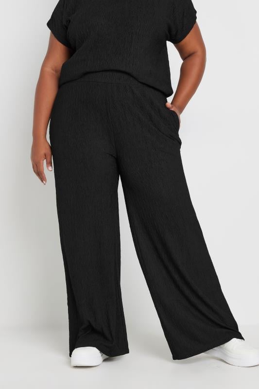 evans YOURS Curve Black Crinkle Plisse Wide Leg Trousers
