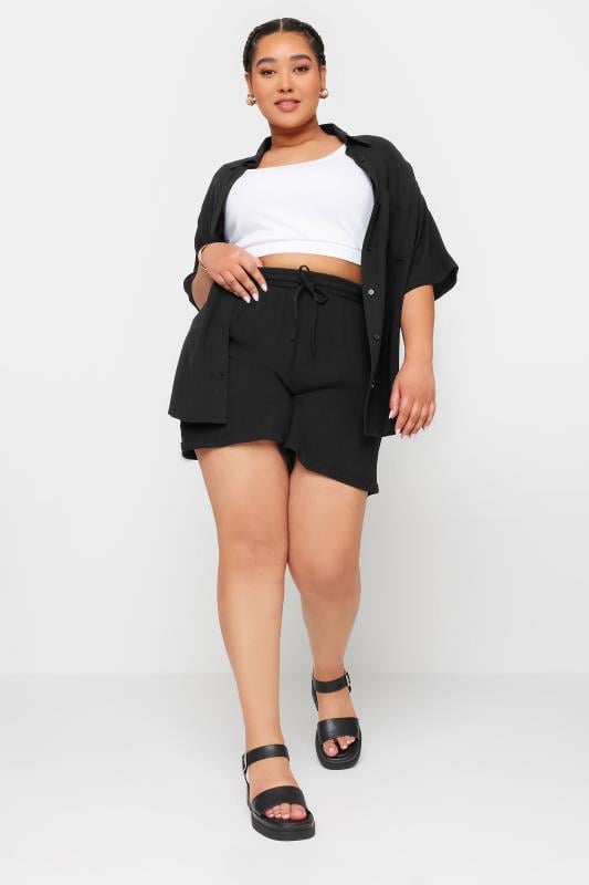 Evans YOURS Curve Black Crinkle Tie Drawstring Shorts