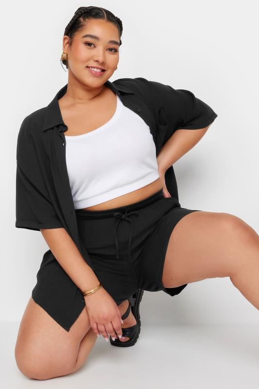 Evans YOURS Curve Black Crinkle Tie Drawstring Shorts