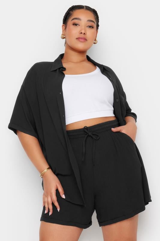 evans YOURS Curve Black Crinkle Tie Drawstring Shorts