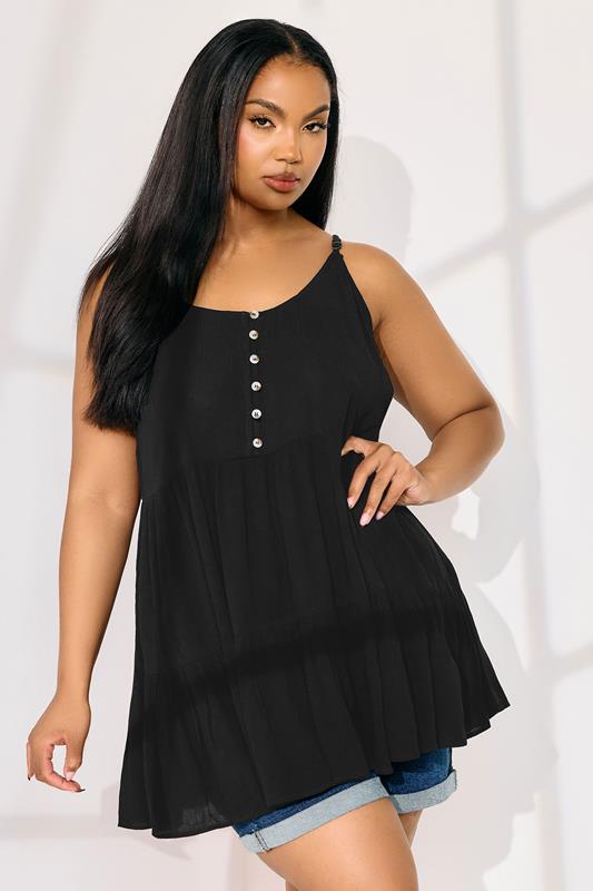 evans Yours Curve Black Crinkle Tiered Swing Vest Top