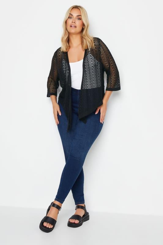 Evans YOURS Curve Black Crochet Open Waterfall Cardigan