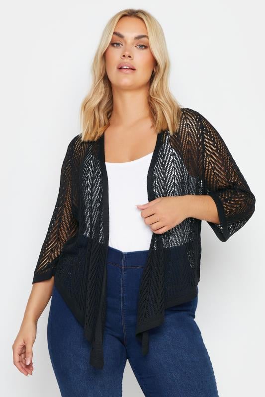 evans YOURS Curve Black Crochet Open Waterfall Cardigan