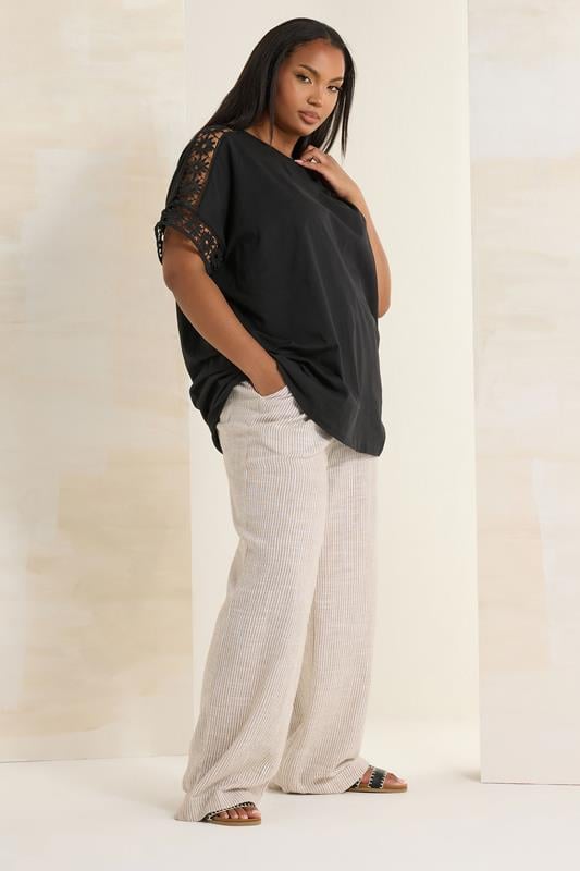 Evans YOURS Curve Black Crochet Sleeve Boxy T-Shirt