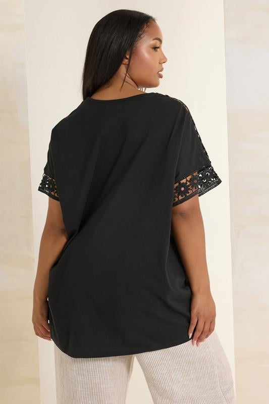 Evans YOURS Curve Black Crochet Sleeve Boxy T-Shirt