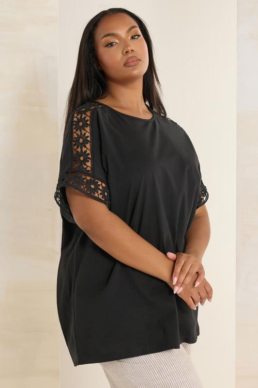 Evans YOURS Curve Black Crochet Sleeve Boxy T-Shirt