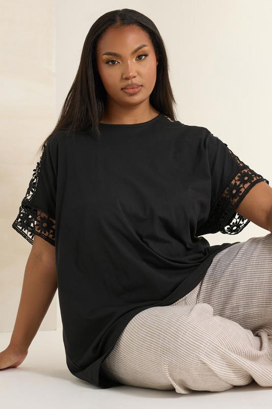 evans YOURS Curve Black Crochet Sleeve Boxy T-Shirt