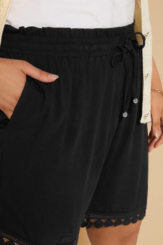 Evans YOURS Curve Black Crochet Trim Crinkle Shorts