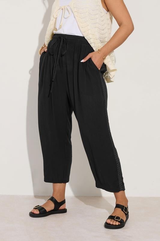 Evans YOURS Curve Black Crochet Trim Cropped Trousers