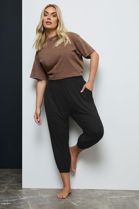 Evans YOURS Curve Black Cropped Jersey Harem Joggers