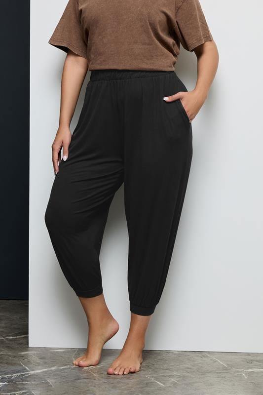 evans YOURS Curve Black Cropped Jersey Harem Joggers