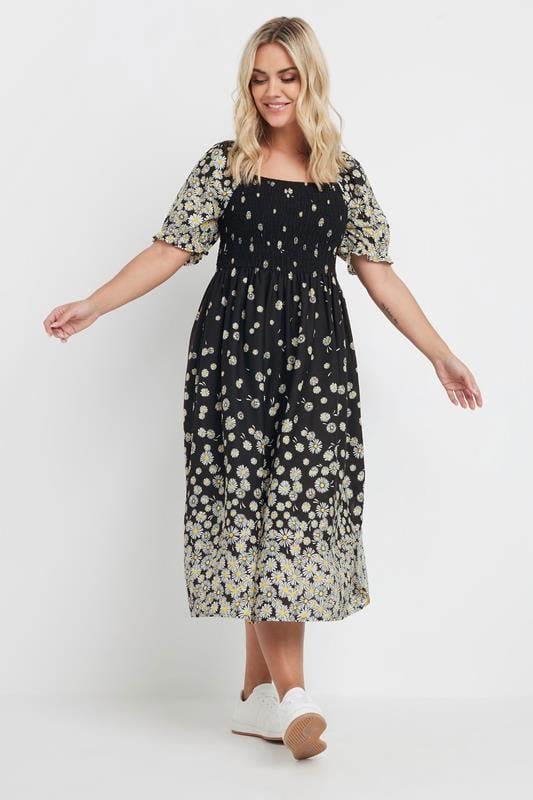 Evans YOURS Curve Black Daisy Print Shirred Midi Dress
