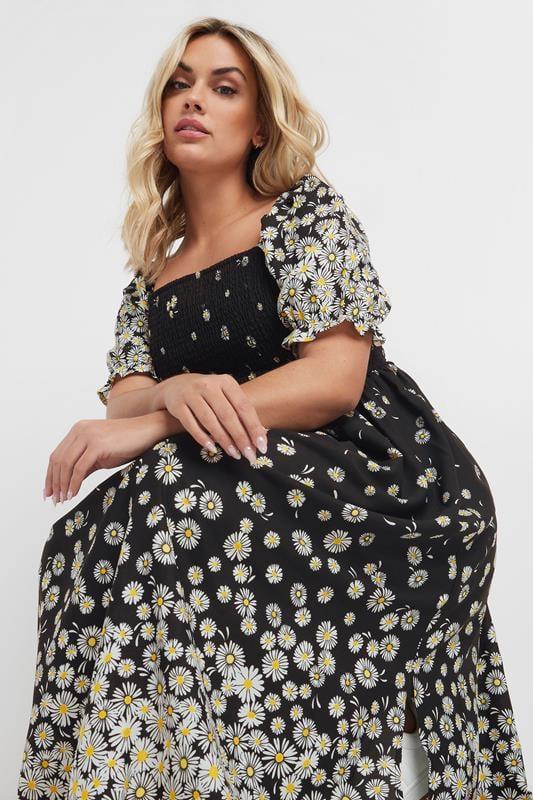 Evans YOURS Curve Black Daisy Print Shirred Midi Dress