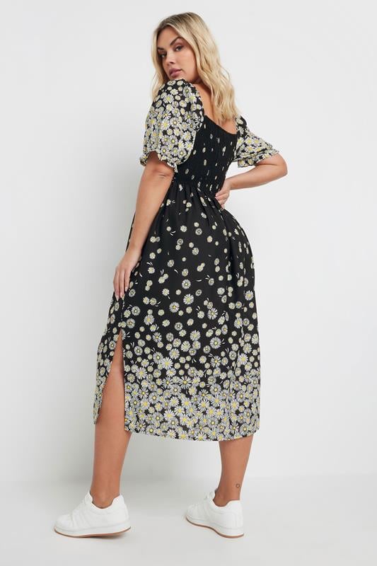Evans YOURS Curve Black Daisy Print Shirred Midi Dress