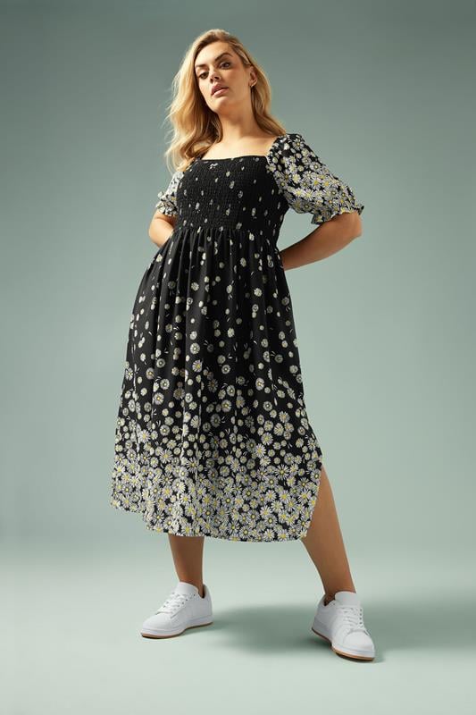 evans YOURS Curve Black Daisy Print Shirred Midi Dress