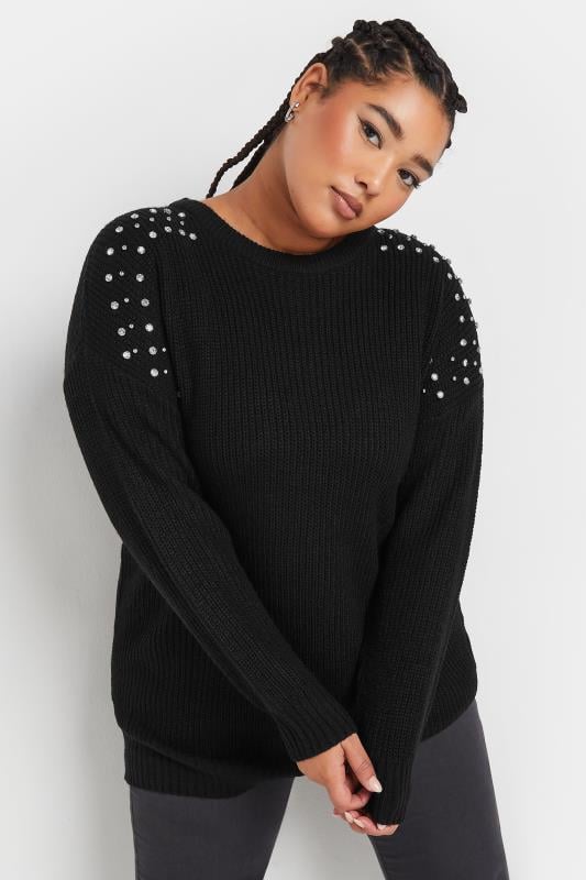 evans YOURS Curve Black Diamante Embellished Knitted Jumper
