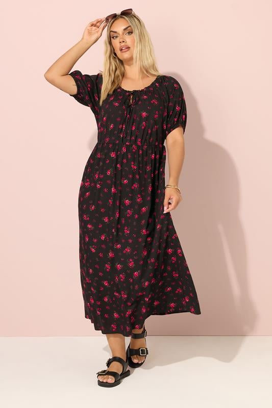 Evans YOURS Curve Black Ditsy Floral Tie Neck Maxi Dress