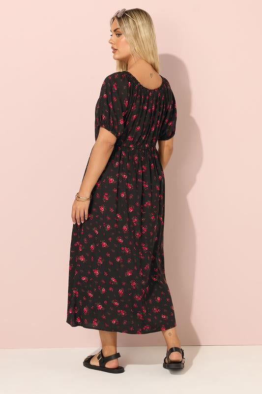 Evans YOURS Curve Black Ditsy Floral Tie Neck Maxi Dress