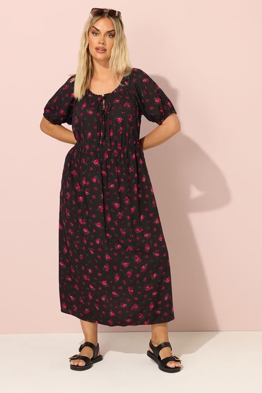 evans YOURS Curve Black Ditsy Floral Tie Neck Maxi Dress