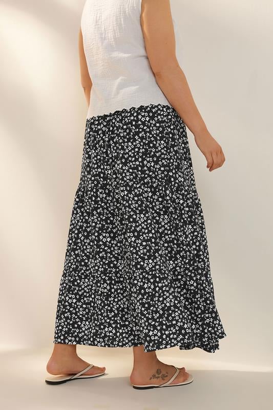 Evans YOURS Curve Black Ditsy Floral Tiered Midaxi Skirt