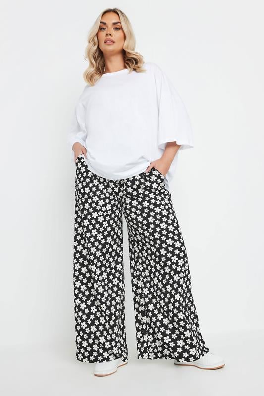 Evans YOURS Curve Black Ditsy Floral Wide Leg Trousers
