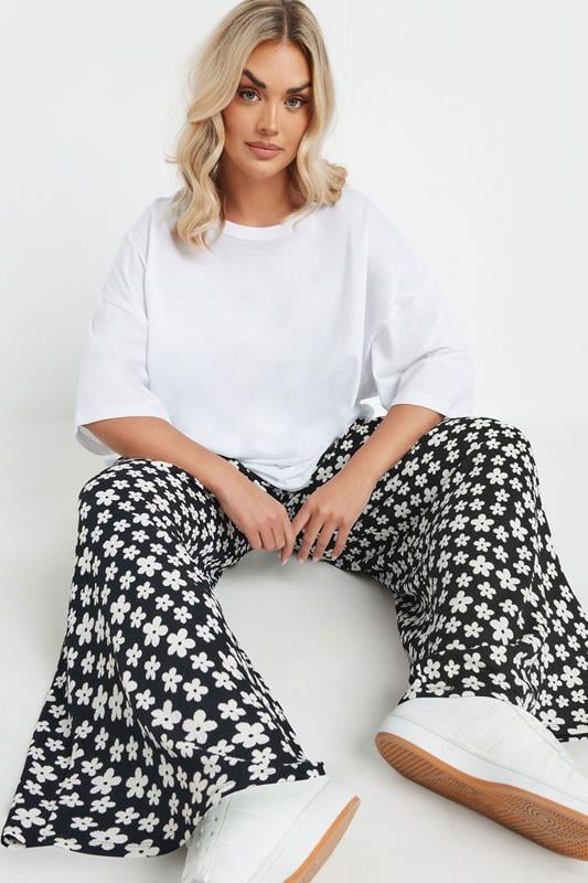 Evans YOURS Curve Black Ditsy Floral Wide Leg Trousers