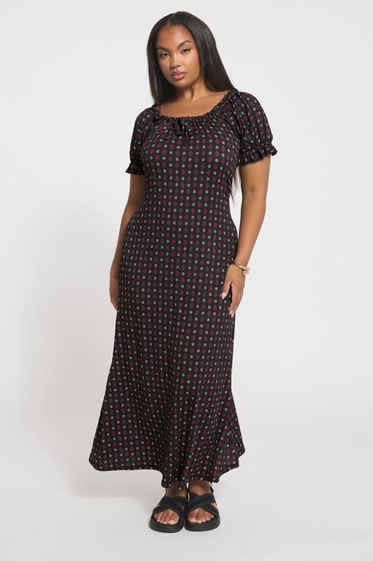 Evans YOURS Curve Black Ditsy Textured Milkmaid Dress