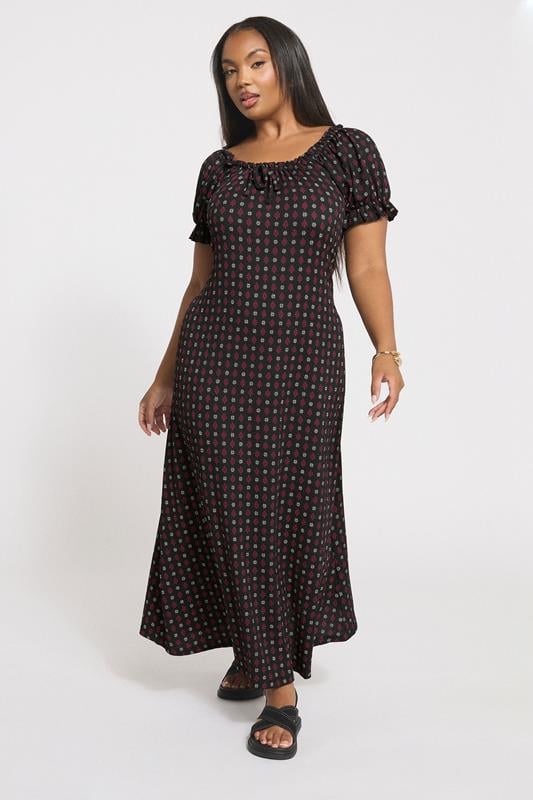 evans YOURS Curve Black Ditsy Textured Milkmaid Dress