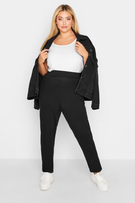 Evans YOURS Curve Black Double Pleat Jersey Stretch Joggers