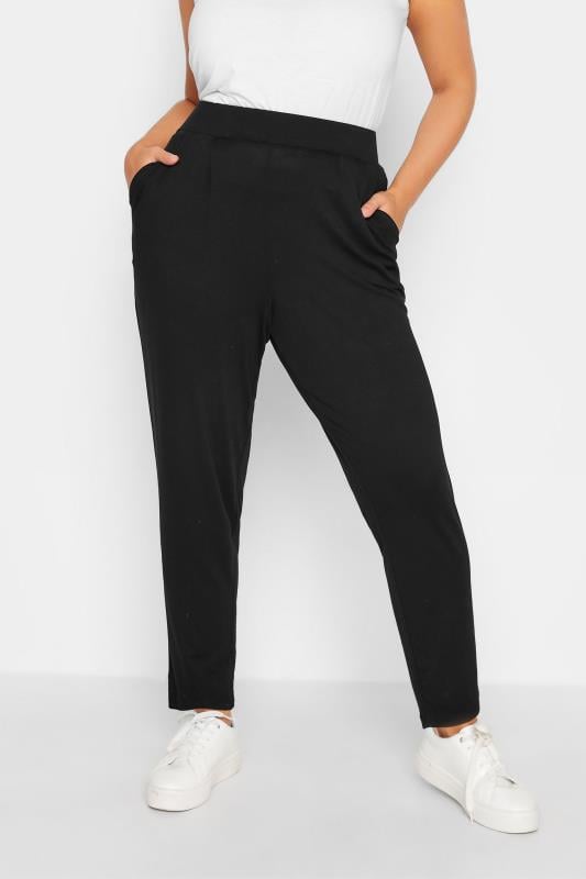evans YOURS Curve Black Double Pleat Jersey Stretch Joggers