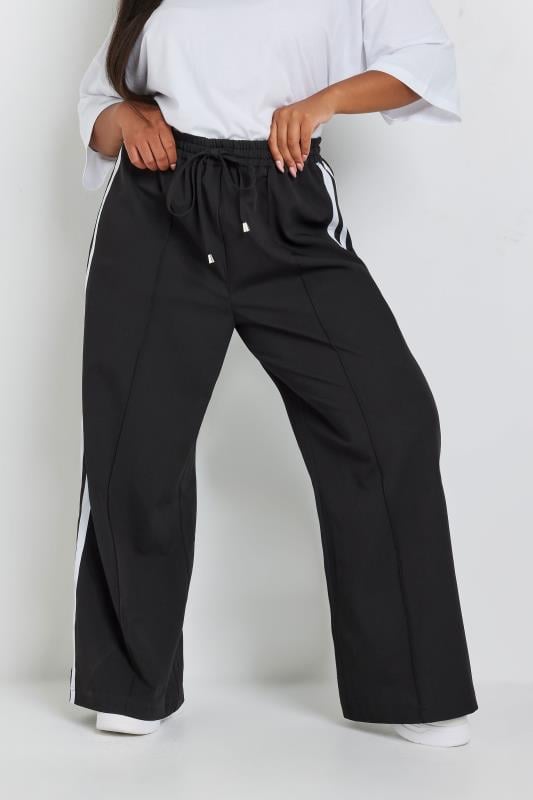 Evans YOURS Curve Black Double Side Stripe Wide Leg Trousers