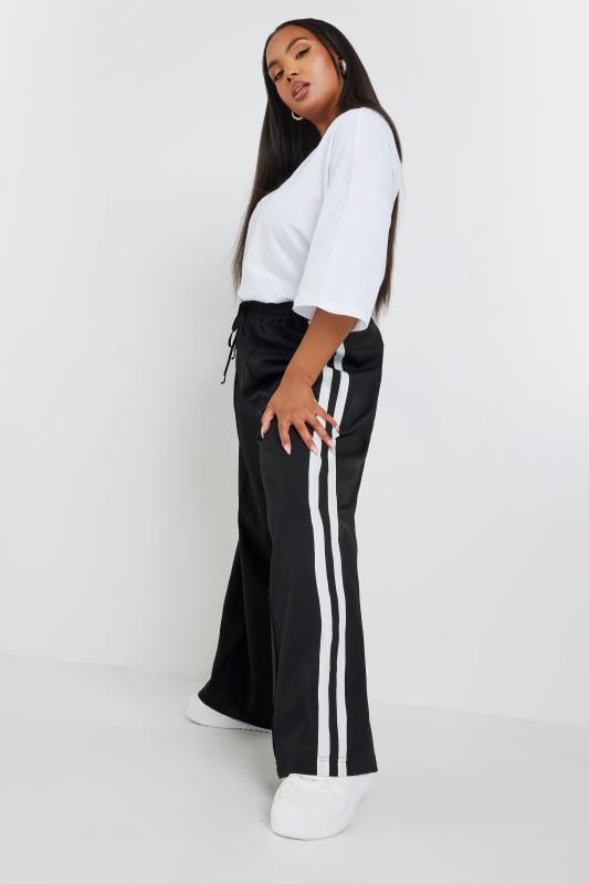evans YOURS Curve Black Double Side Stripe Wide Leg Trousers