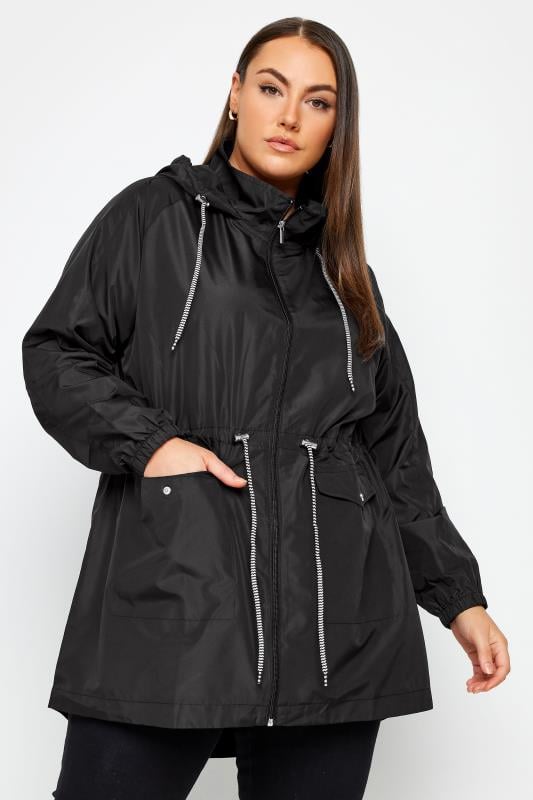 evans YOURS Curve Black Drawstring Lightweight Parka Jacket