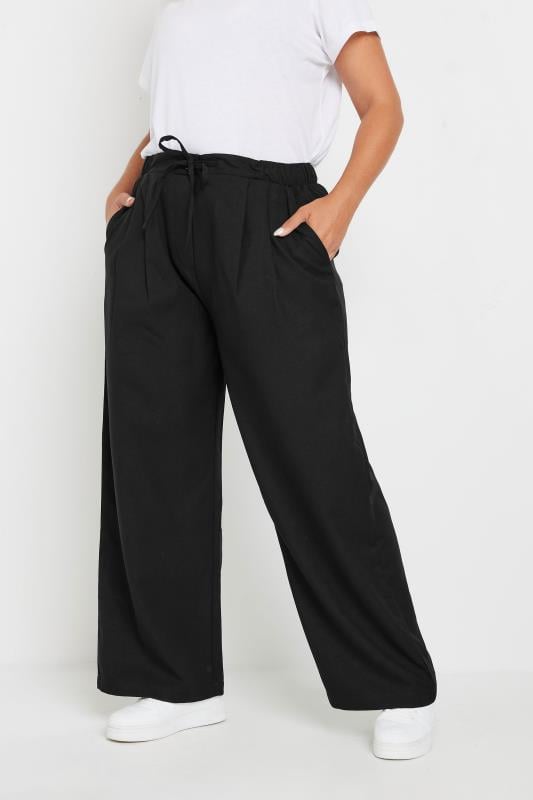 evans YOURS Curve Black Drawstring Wide Leg Trousers
