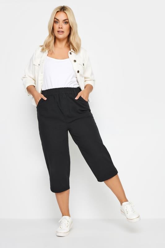 Evans YOURS Curve Black Elasticated Cool Cotton Cropped Trousers