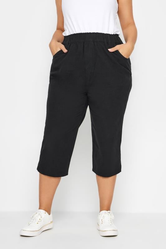 evans YOURS Curve Black Elasticated Cool Cotton Cropped Trousers