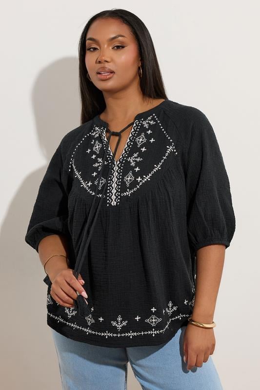 Evans YOURS Curve Black Embroidered Tie Front Blouse