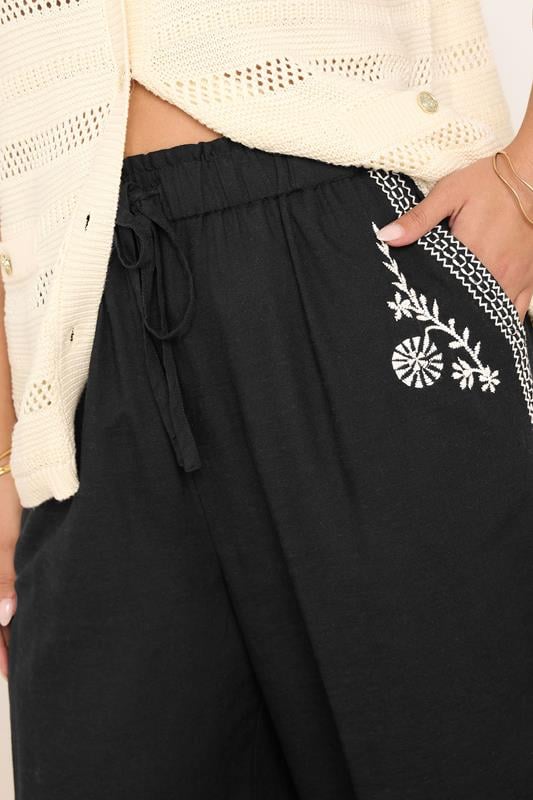 Evans YOURS Curve Black Embroidery Wide Leg Linen Trousers