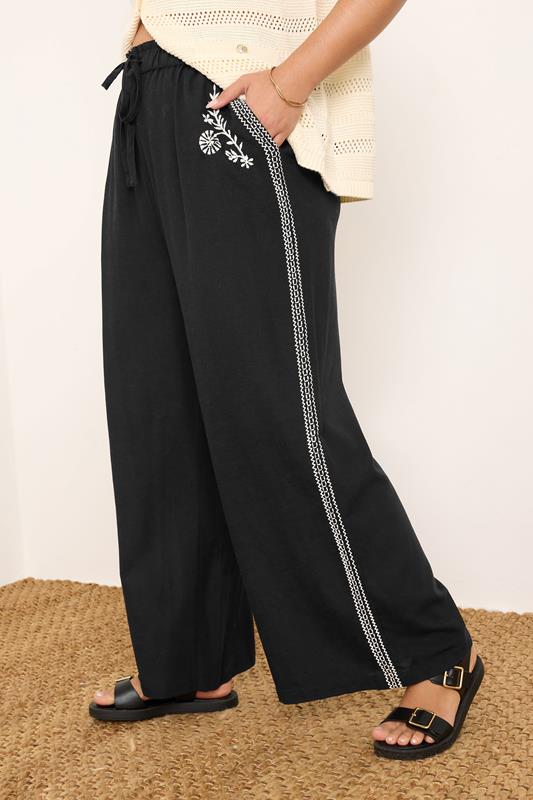 evans YOURS Curve Black Embroidery Wide Leg Linen Trousers