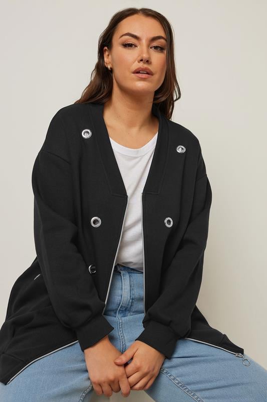 Evans YOURS Curve Black Eyelet Zip Through Bomber Jacket