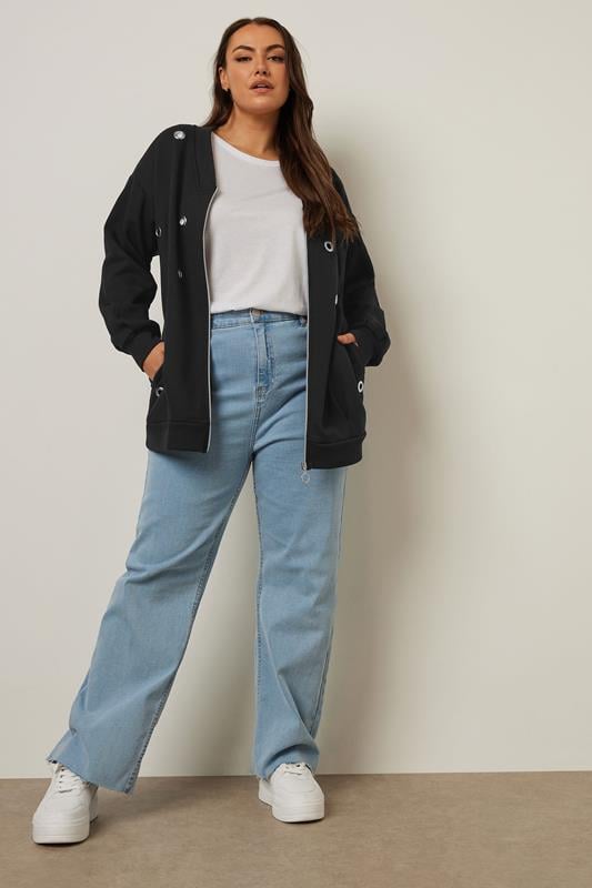 Evans YOURS Curve Black Eyelet Zip Through Bomber Jacket