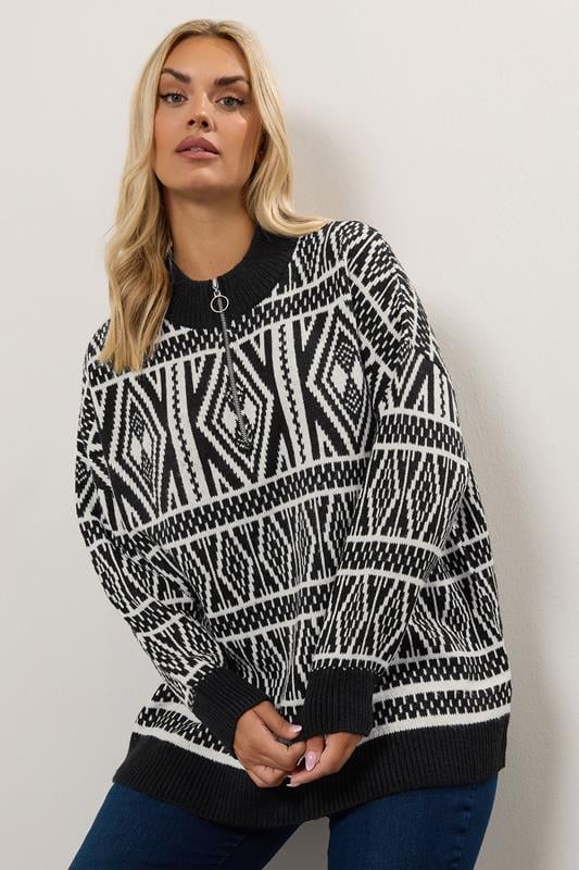 Evans YOURS Curve Black Fairisle Quarter Zip Jumper