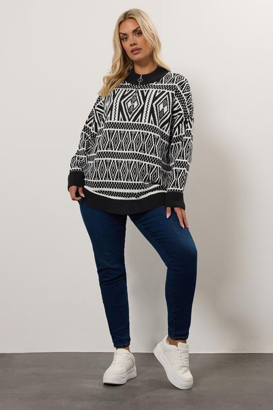 Evans YOURS Curve Black Fairisle Quarter Zip Jumper