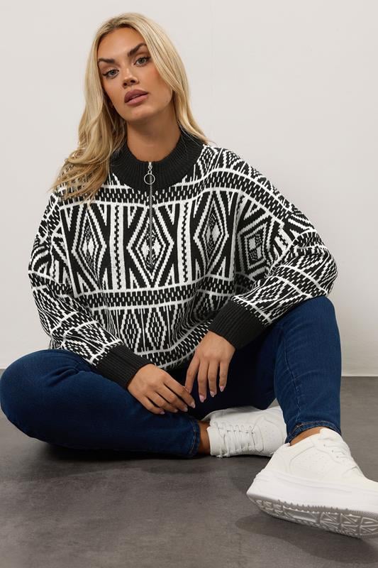 evans YOURS Curve Black Fairisle Quarter Zip Jumper