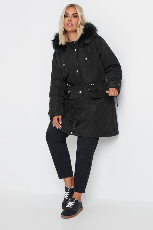 Evans YOURS Curve Black Faux Fur Trim Plush Parka Jacket