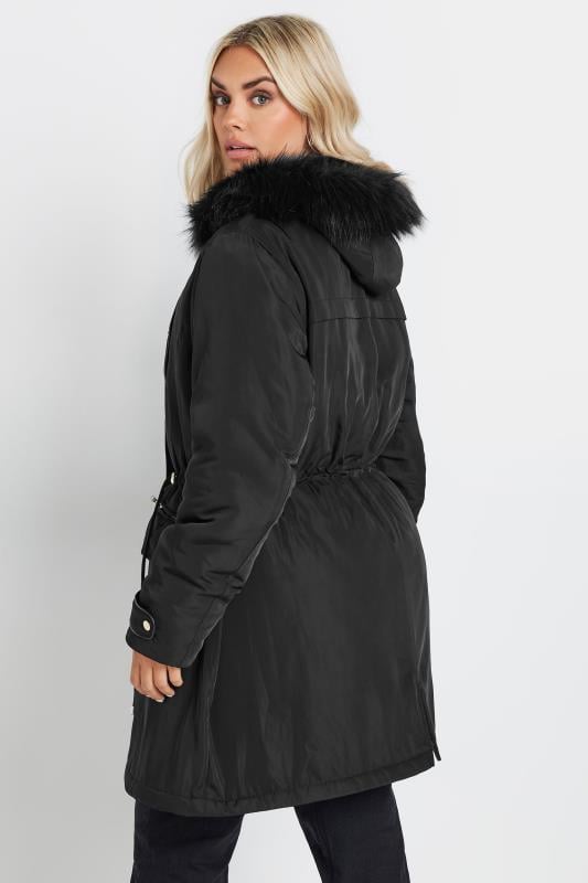 Evans YOURS Curve Black Faux Fur Trim Plush Parka Jacket
