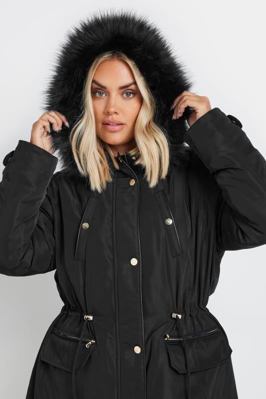Evans YOURS Curve Black Faux Fur Trim Plush Parka Jacket